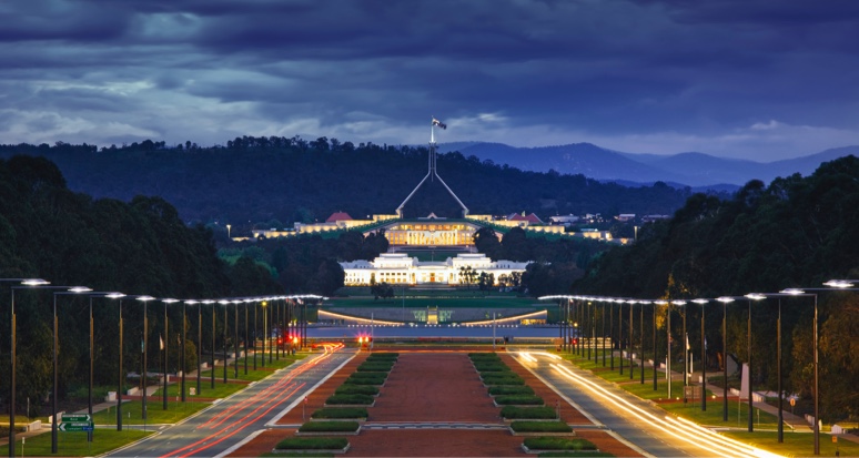 Australian parliament on the hill, long view up the mall
